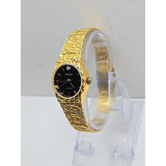 Vintage Gruen Diamond Gold Nugget Black Dial Womens Quartz Watch New Battery - Picture 2 of 10